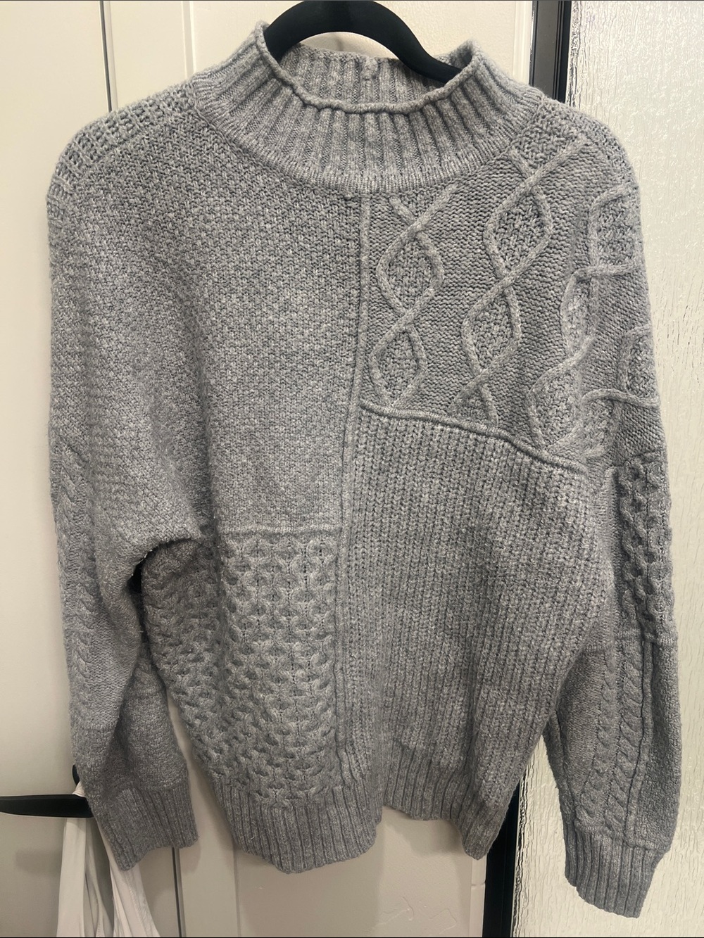 American Eagle Outfitters Light Gray Cable Patchwork Turtleneck Sweater